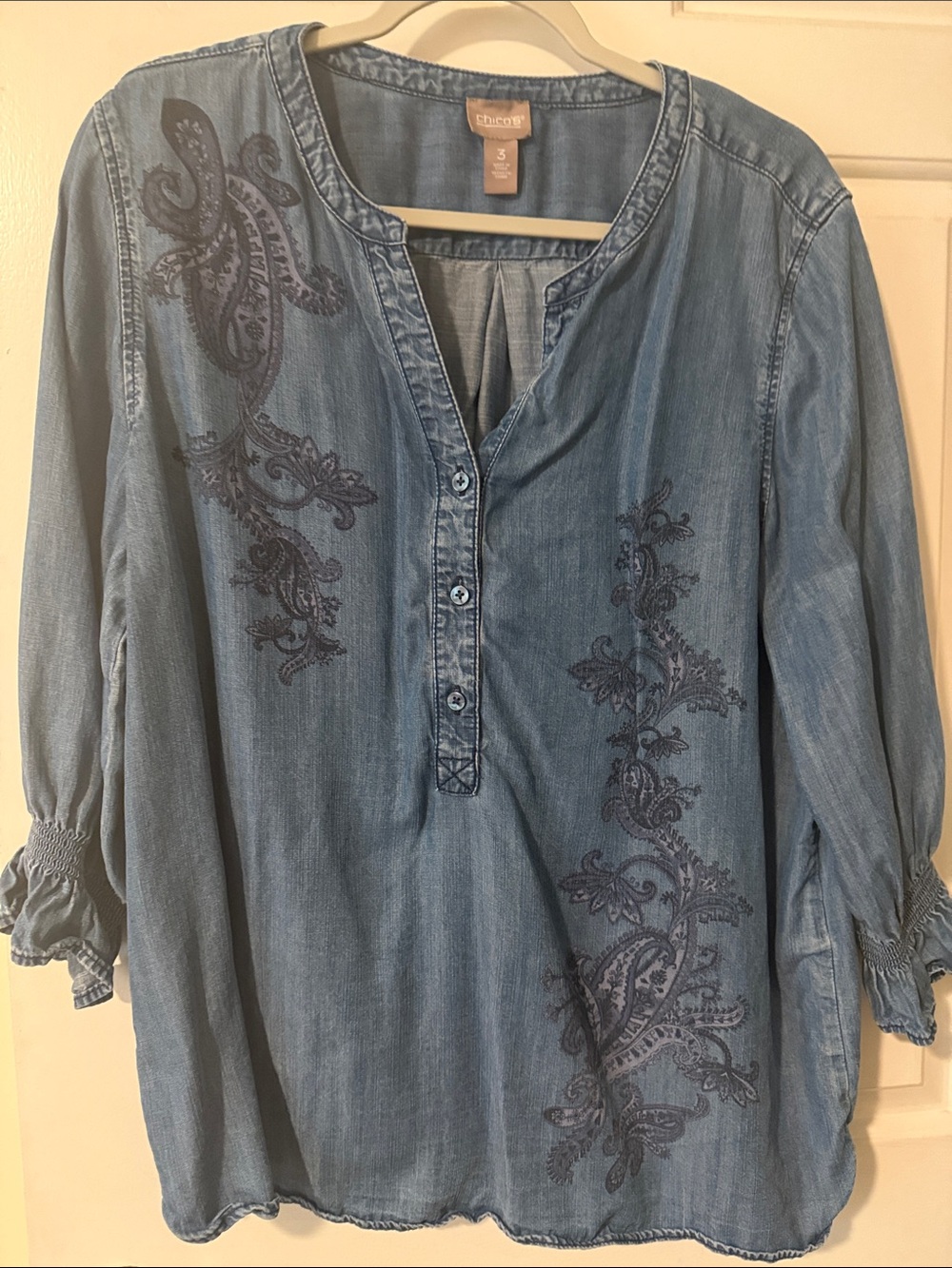 Chico's Blue Embroidered Chambray Tunic